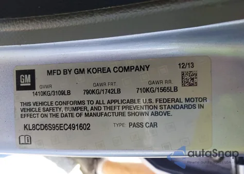 2014 Chevrolet Spark 1Lt Auto from USA, damaged, VIN KL8CD6S95EC491602